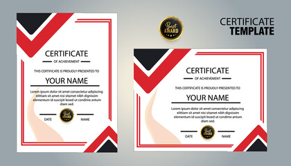 Modern certificate of achievement template with red and black accents