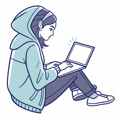 Young woman using laptop computer, clean cutout illustration on white background