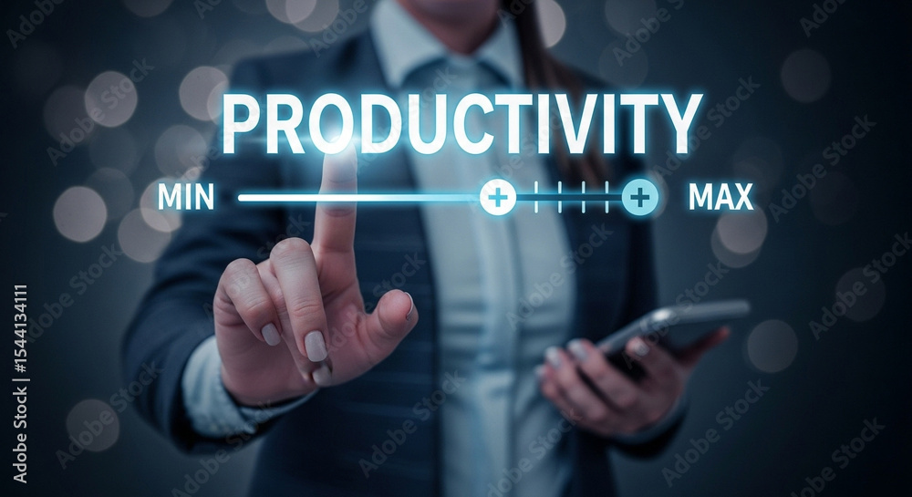 Poster person adjusting productivity slider with finger while holding phone in business setting indoors