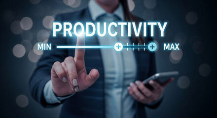 Person adjusting productivity slider with finger while holding phone in business setting indoors
