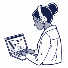 Woman wearing headphones working on laptop computer