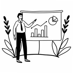 Businessman presenting financial growth charts data on whiteboard