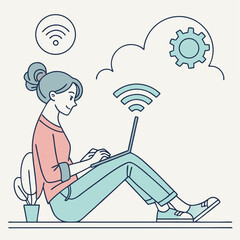 Woman working on laptop, cloud computing, wifi, professional design element