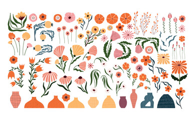 Big hand drawn flower clipart set. Colorful blooming florals, vases, stems, wildflowers and leaves in modern scandinavian style. Perfect for projects, greeting cards, wall art, nursery prints