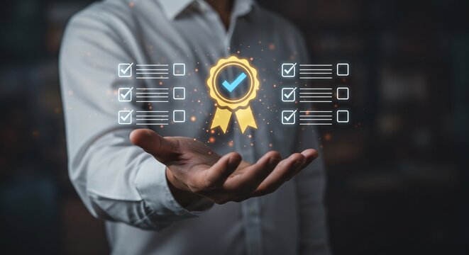 Quality Assurance concept with checklist and certification icon, symbolizing verified standards, compliance, and trust for business, corporate, or technology presentations.