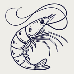 Elegant line art drawing of a shrimp seafood design