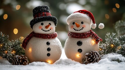 Two charming snowmen, adorned with festive hats and scarves, sit in the snow.