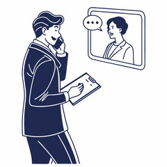 Businessman on phone call, video conference, taking notes, modern communication