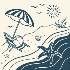 Summer beach scene illustration with umbrella beach chair and starfish