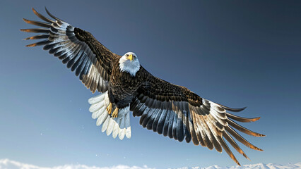 Fototapeta premium Bald eagle in mid flight with wings spread against blue sky