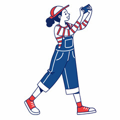 Happy young woman taking photo with smartphone stylish overalls