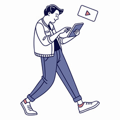 Young man walking using tablet streaming video online