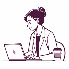 Woman working on laptop computer at desk with coffee