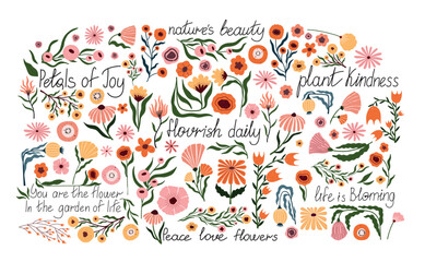 Hand drawn floral composition with inspirational quotes. Colorful botanical lettering poster with whimsical flowers and positive words. Perfect for wall art, cards, stickers, or journaling.
