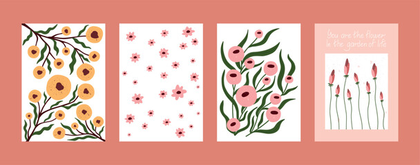 Hand drawn floral compositions and patterns with minimalist pastel flowers and inspirational lettering. Includes abstract botanical art, decorative bouquets, and blooming quotes. Perfect for posters