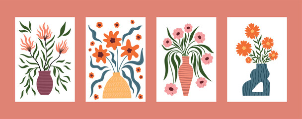 Collection of modern floral posters with vases and bold stylized flowers. Hand drawn botanical illustrations in warm tones. Perfect for boho interior, greeting cards, and wall decor.