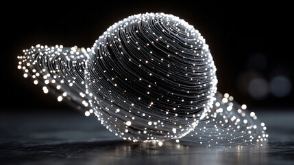 Pulsating wireframe sphere with coded lights glows against a dark background. Abstract digital network visualization symbolizing data flow, connectivity, and futuristic technology. Space for caption.
