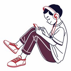 Young person sitting floor headphones smartphone listening music