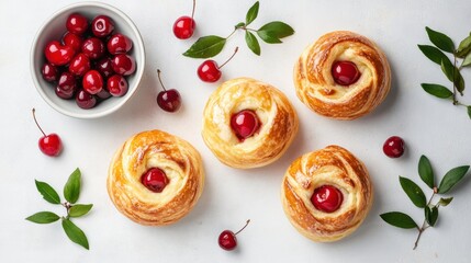 Fresh Cherry Danish Pastries with Bowl of Cherries and Green Leaves