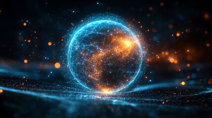 Pulsating wireframe sphere with coded lights glows against a dark background. Abstract digital network visualization symbolizing data flow, connectivity, and futuristic technology. Space for caption.
