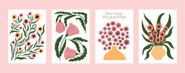 Set of hand drawn floral posters with motivational message Grow through what you go through. Minimal flat design with textured botanical elements. Ideal for wall decor, greeting cards, and positive 
