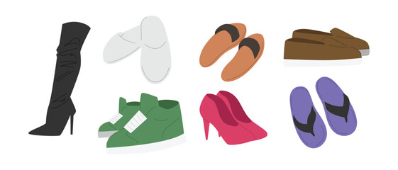 Vector set of footwear. Sneakers, high heels, boots, loafers, sandals, flip flops, and slippers. Cartoon style.