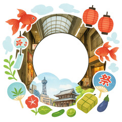 天神橋筋商店街と金魚・提灯の夏風物円形フレーム 水彩風イラスト 透過PNG