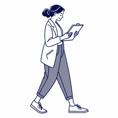 Young woman walking while reviewing documents clipboard