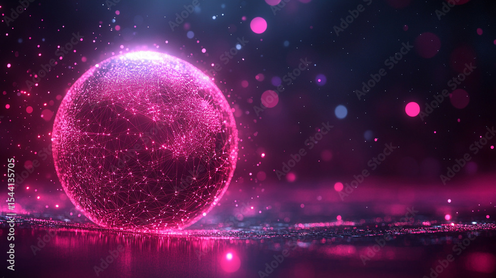 Poster pulsating wireframe sphere with coded lights glows against a dark background. abstract digital netwo