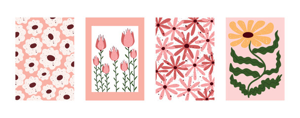 Minimal floral posters with pink and yellow flowers in modern hand drawn style. Bright spring botanical collection with blooming patterns and decorative daisies. Perfect for wall art