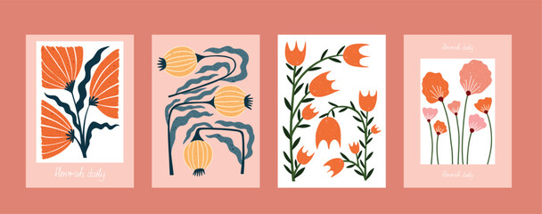 Hand drawn floral posters with motivational quote Flourish daily. Modern botanical collection with poppies, tulips, and abstract leaves in orange and pink tones. Minimalist flower prints for wall