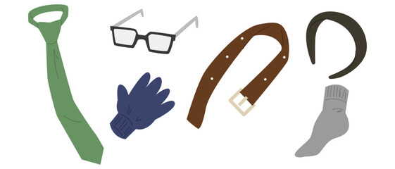 Vector set of clothing accessories. Glasses, tie, glove, belt, headband and sock. Cartoon style.
