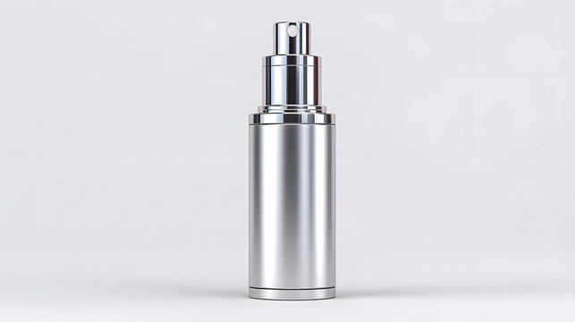 Sleek silver skincare bottle with pump dispenser stands against plain background, exuding modern and minimalist aesthetic