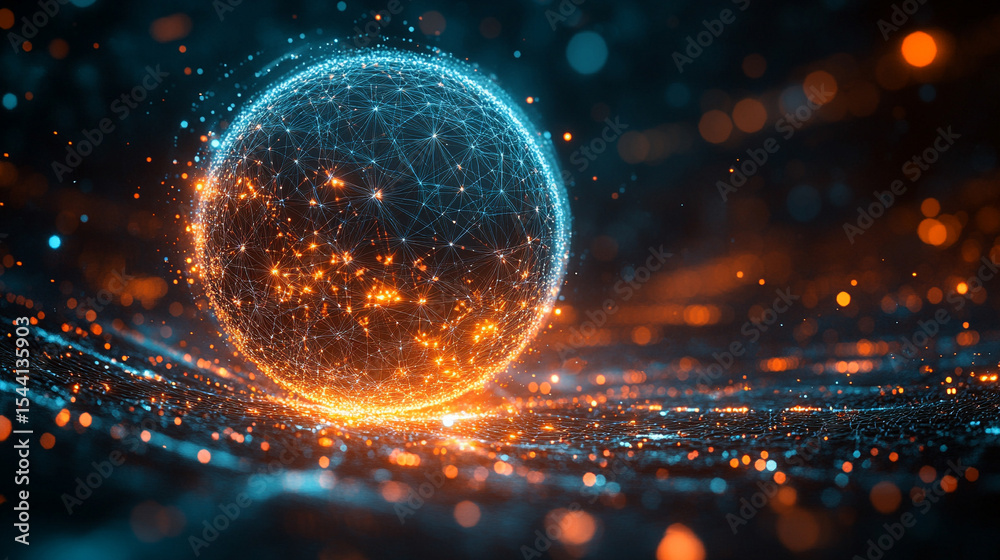 Poster pulsating wireframe sphere with coded lights glows against a dark background. abstract digital netwo