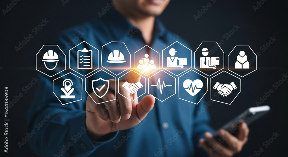 Poster Man interacting with digital interface displaying safety and business related icons in hexagons