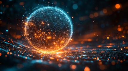 Pulsating wireframe sphere with coded lights glows against a dark background. Abstract digital network visualization symbolizing data flow, connectivity, and futuristic technology. Space for caption.
