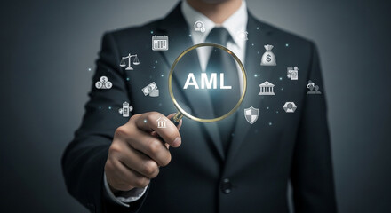 A man in a suit holding a magnifying glass over aml with financial and security icons around it
