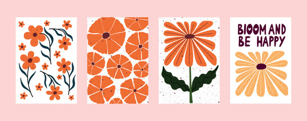 Hand drawn floral wall art with inspirational lettering. Bright and bold flower illustrations with positive message Bloom and Be Happy. Perfect for posters, cards, home decor, and kids room design.