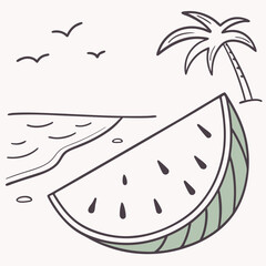 Summer beach scene with watermelon slice palm tree and birds