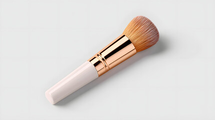 Makeup brush with white handle and rose gold ferrule lies on light background, showcasing soft bristles ideal for applying cosmetics