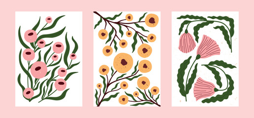 Hand drawn botanical posters with bold stylized flowers and green leaves. Modern floral wall art in flat textured style. Ideal for home decor, nursery prints, or creative surface design.