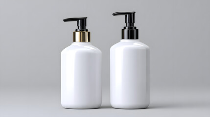 Two elegant white lotion bottles with pump dispensers stand against minimalist gray background, showcasing refined beauty product design