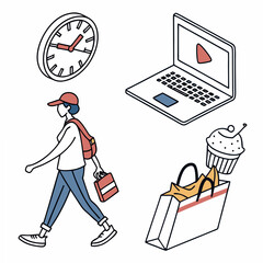 Walking person with laptop clock shopping bag and cupcake on white background