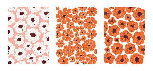 Bold hand drawn floral patterns in retro style. Set of three blooming designs featuring poppy-like flowers in orange and blush tones with textured grain effect. Perfect for textile, packaging