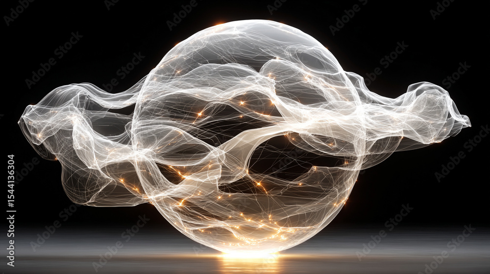 Poster pulsating wireframe sphere with coded lights glows against a dark background. abstract digital netwo