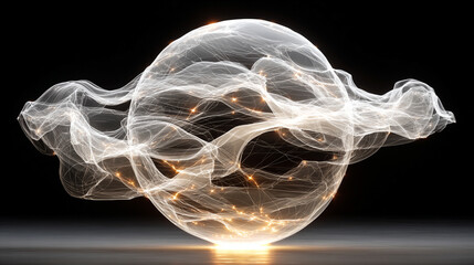 Pulsating wireframe sphere with coded lights glows against a dark background. Abstract digital network visualization symbolizing data flow, connectivity, and futuristic technology. Space for caption.
