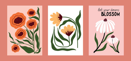 Hand drawn floral posters with abstract flowers, curved leaves, and inspirational quote. Modern flat botanical art with playful shapes and textured details. Perfect for wall decor, greeting cards