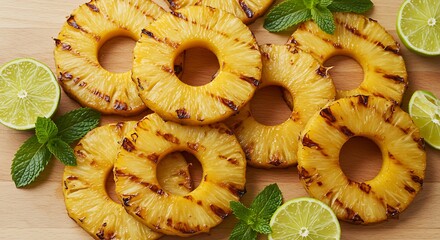 Grilled Pineapple Rings with Lime and Mint Garnish