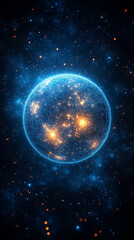 Pulsating wireframe sphere with coded lights glows against a dark background. Abstract digital network visualization symbolizing data flow, connectivity, and futuristic technology. Space for caption.
