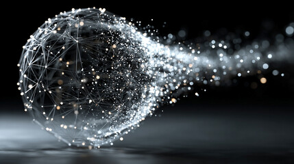 Pulsating wireframe sphere with coded lights glows against a dark background. Abstract digital network visualization symbolizing data flow, connectivity, and futuristic technology. Space for caption.
